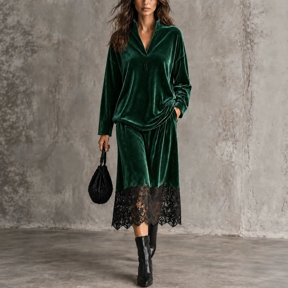 Women Velvet Satin 2 Piece Outfit Set V Neck Long Sleeve Loose Top With Lace Hem Midi Skirt Vintage Elegant Party Matching Suit
