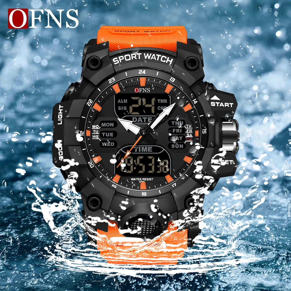 OFNS Top Dual Display Men Watches Waterproof Sports Watch Military Man Alarm Stopwatch Quartz Wristwatch Male Digital Clock