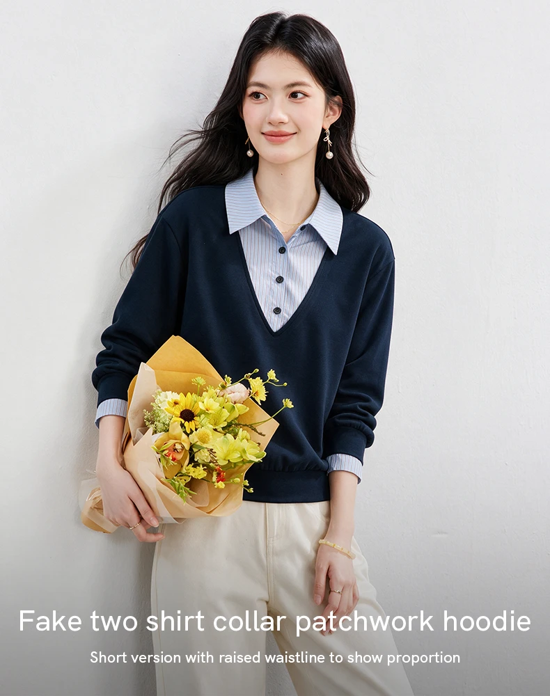 VIMLY Fake Two-piece Striped Collar Sweatshirt for Women 2026 Autumn Coffee Color Commute Casual Loose-fit Female Pullover A7577