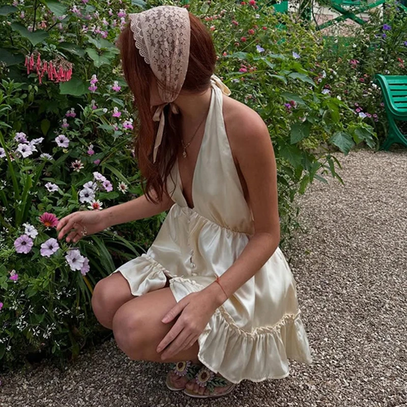 Ticketsx-vestido de satén con escote en V profundo para mujer, minivestido Sexy con cordones y cuello Halter, sin mangas y espalda descubierta, vestido ajustado para fiesta de noche y Club