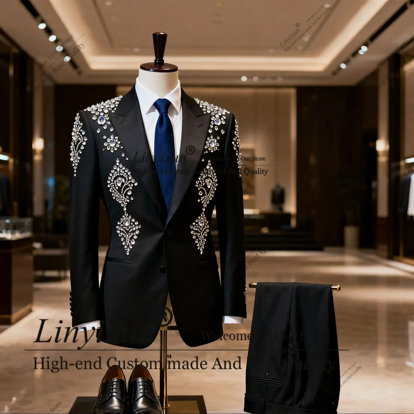 

Handsome Ornament Crystals Men Suits 2 Pieces Groom Tuxedos Customized Wedding Male Prom Blazers High End Ropa hombre Outfit