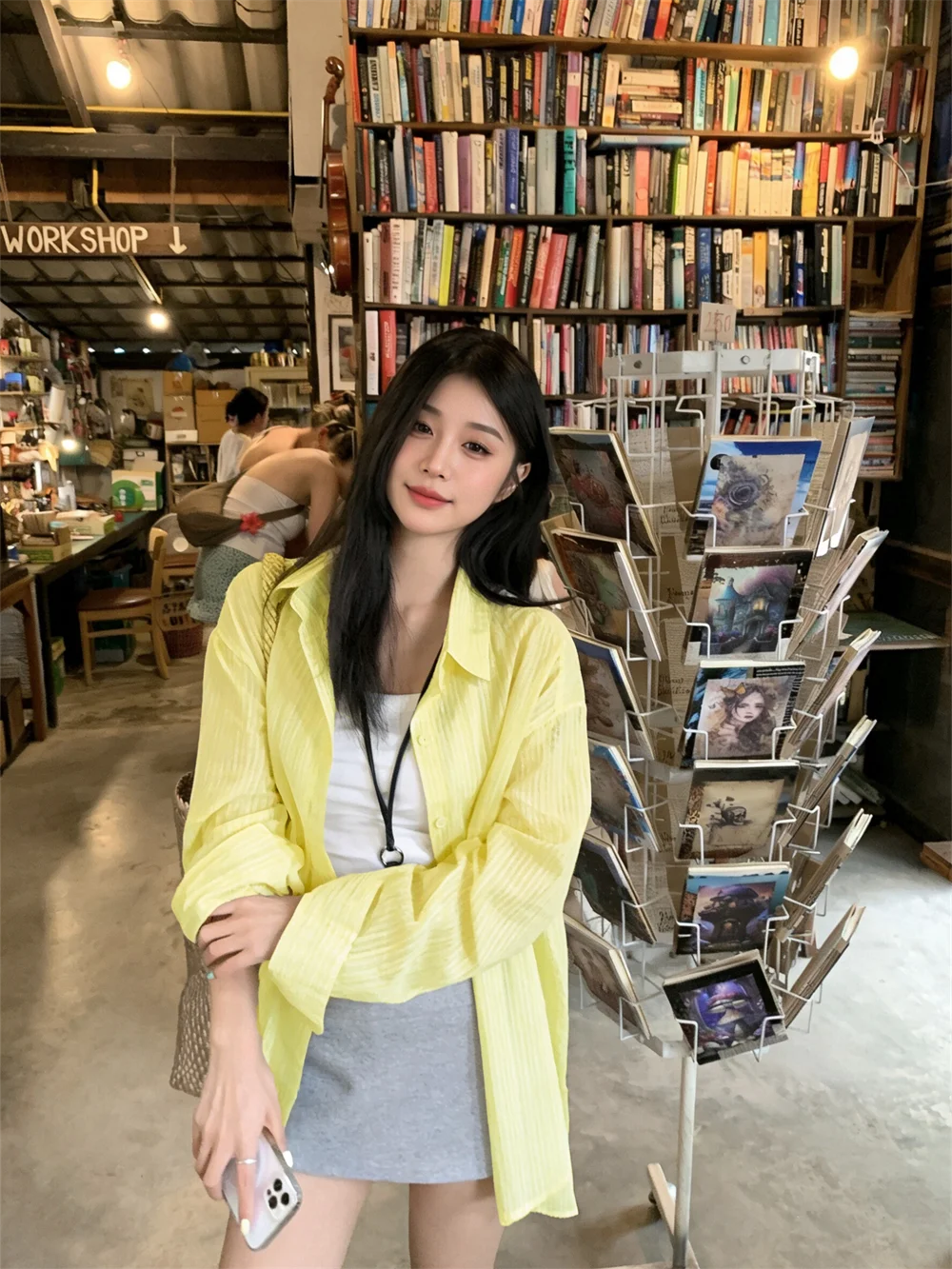 

Loose Fit Striped Neck Long Sleeve Shirt Single Button Korean Style Women's Summer Spring Fashion Sun Protection Top