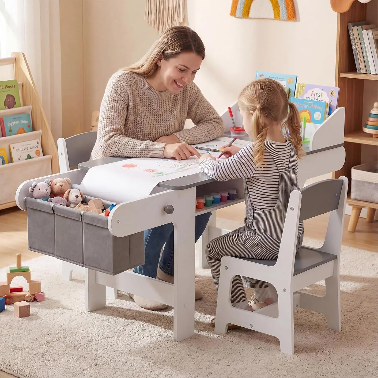 Kids Art Table and Chair, Wooden Children Craft Table with Paper Roll and Fabric Bins for Drawing Reading Studying Playing, Toddler Activity Desk Set for Home Playroom Classroom