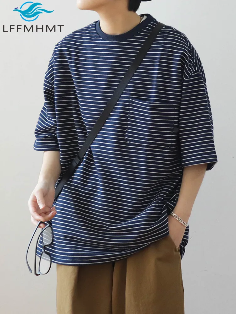 Summer Retro Japanese Style Cityboy Striped Loose Casual Dropped Shoulder Short Sleeve T-Shirt with Pocket Unisex All Match