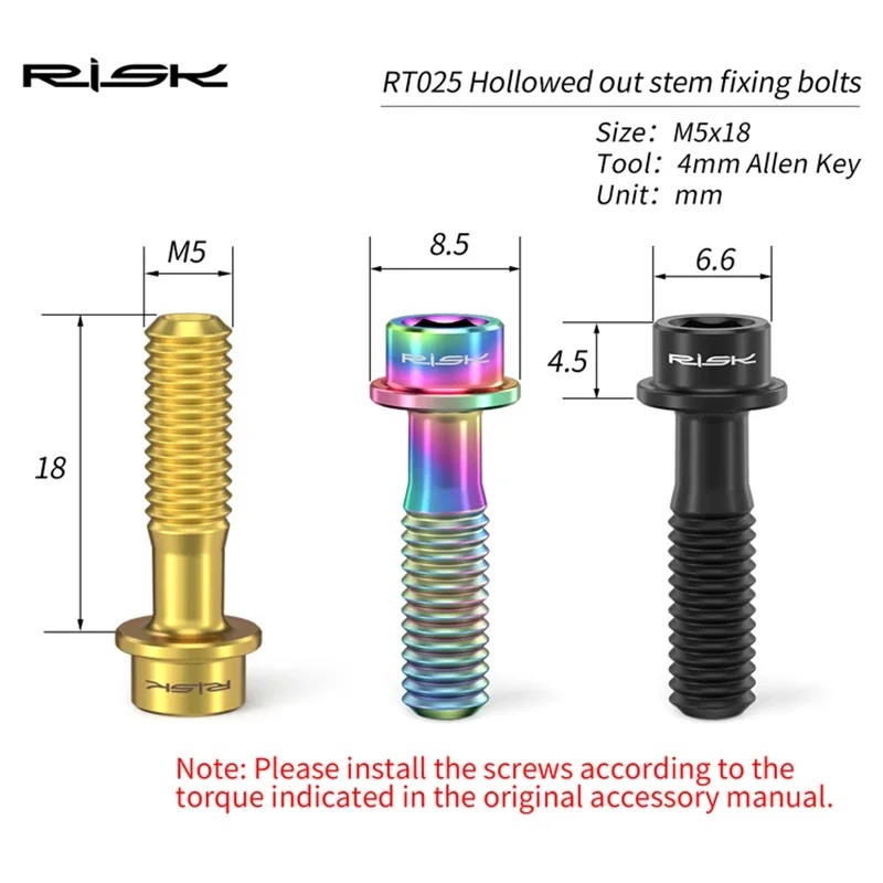 New Come Risk Superlight-Bike Stem Fixed Bolts, M5x18mm Hollow Out Bicycle Screws, MTB Road Handlebar Fixing Screw,Cycling Parts