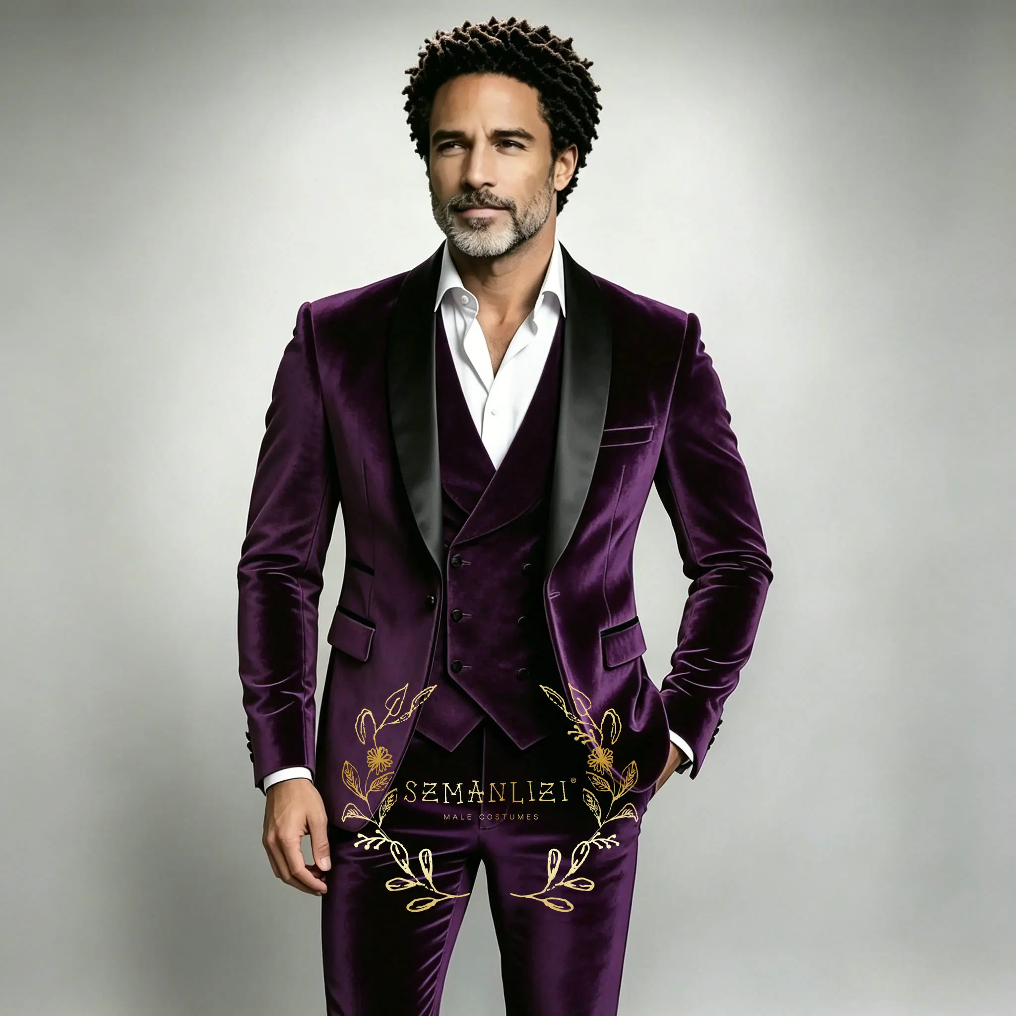 

2026 Formal Purple Velvet Men Suit Set 3 Pieces Business Outfit Handsome Shawl Lapel Slim Fit Suits For Men Wedding Groom Sets