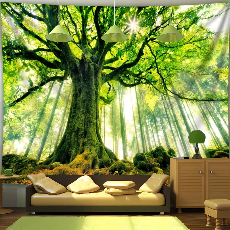 Ancient Tree Forest Tapestry Green Sunlight Nature Scenery Wall Hanging Aesthetic Decor for Bedroom Living Room