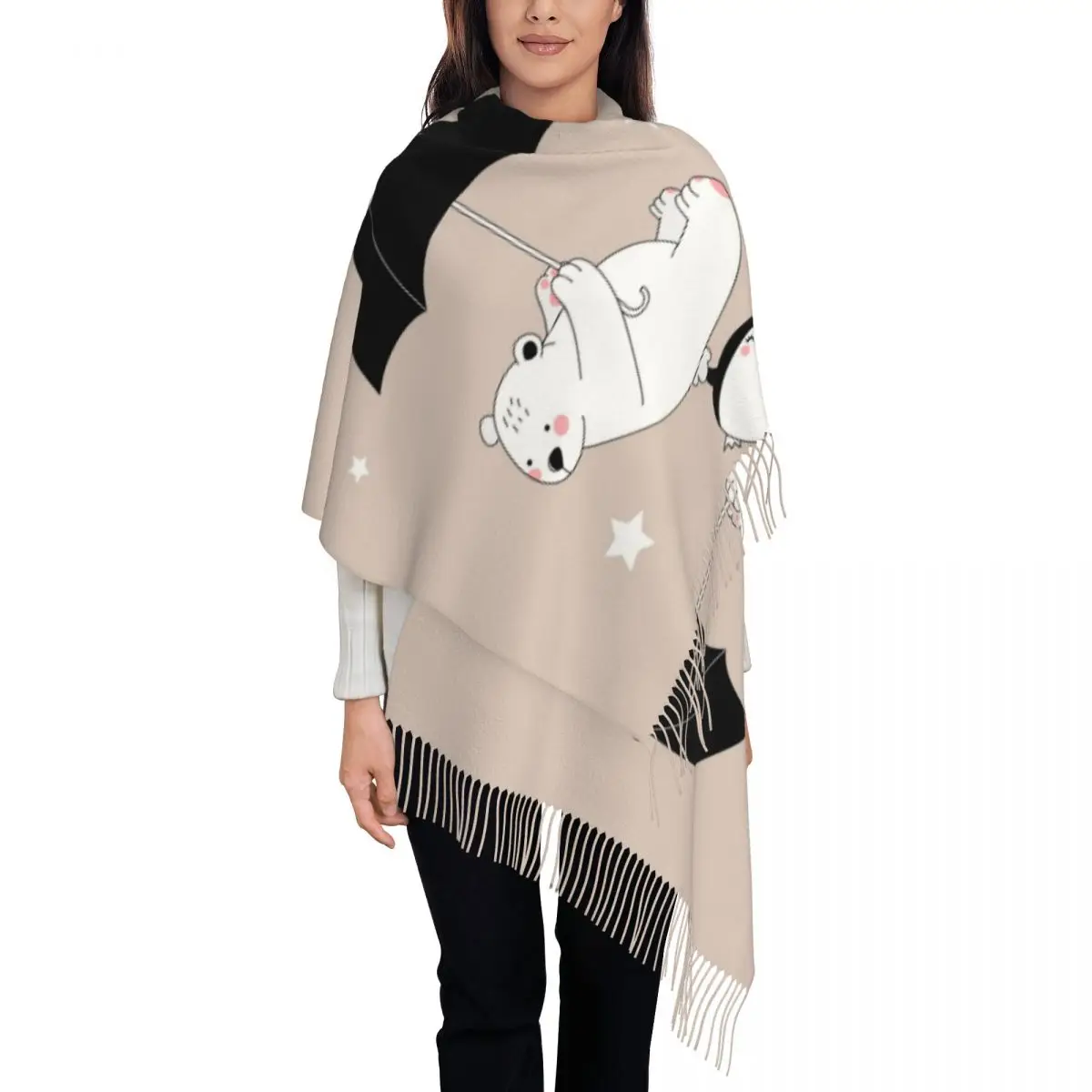 Winter Tassel Scarf White Bear Little Penguin Umbrella Cashmere Scarves Neck Head Warm Pashmina Lady Shawl Wrap Bandana