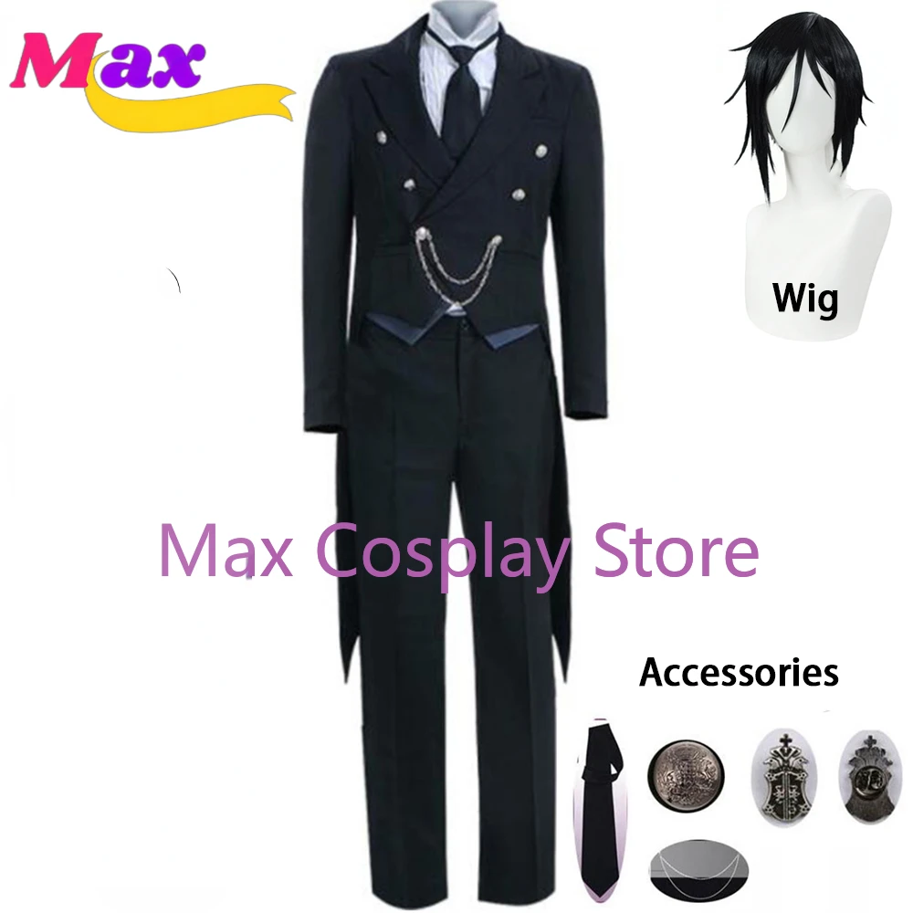 Anime Kuroshitsuji Uniforme Cosplay Traje para Homens e Mulheres, Traje de Halloween, Sebastian Michael, Unisex, Max 9Pcs