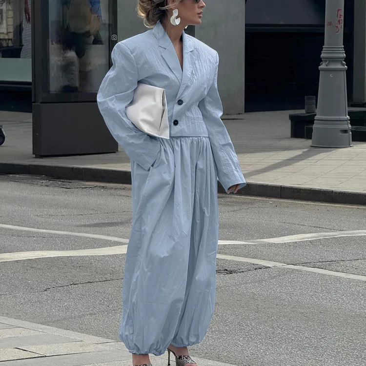 

2026 New Commuter Set Women's Long Sleeve Turn-down Collar Loose Fit Long Pants Two-piece Suit Polyester Fiber Workwear