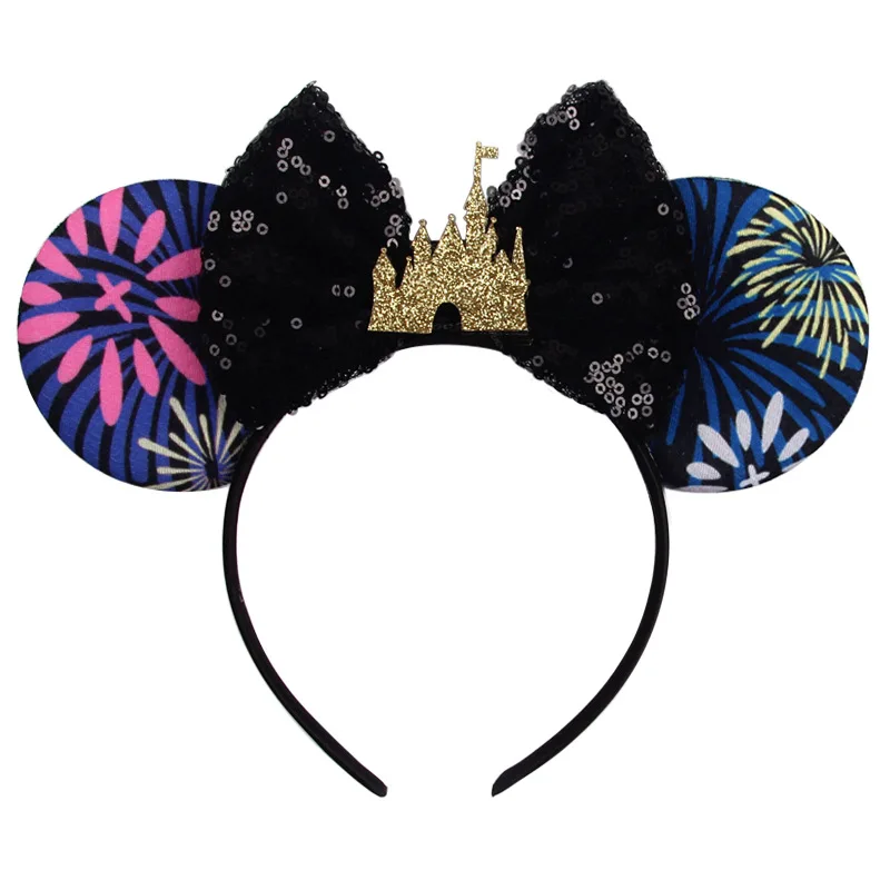 Disney Park Mickey Mouse Ear Headband Amusement Park Hair Hoop Fireworks Sequin Mesh Party Headwear Girl Toy Birthday