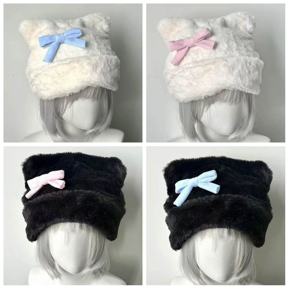 Korean Autumn Winter Cute Cat Fluffy Bow Plush Hat Girls Fashion Warm Hats Anti-freeze Ear Caps Outdoor for Women Gifts