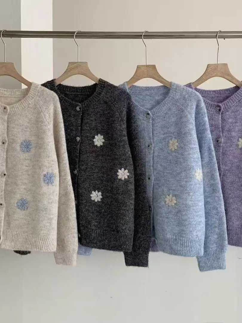 

Повседневный вязаный женский открытый кардиган с вышивкой, круглый Ne Simple Sle, длинная верхняя одежда из полиэфирного волокна све