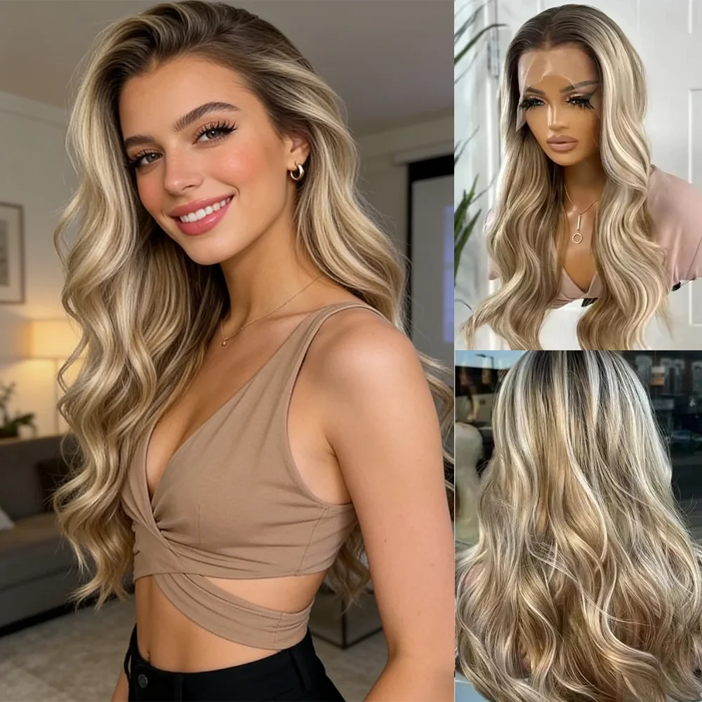 Ombre Ash Blonde Wig for Women Long Wavy 13x4 Lace Natural Hairline Glueless for Beginners Middle Part Synthetic for Party Use