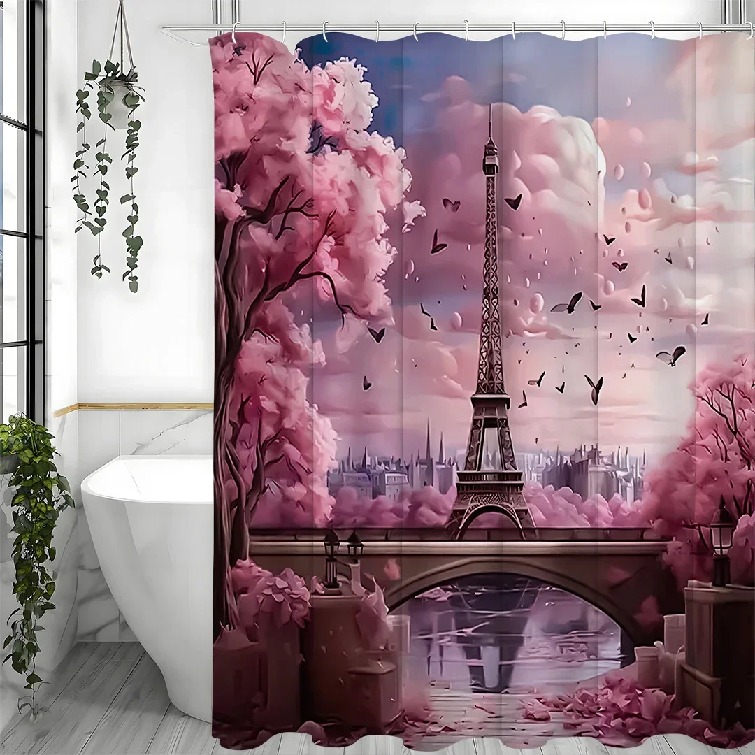 

Pink Fantasy Paris Eiffel Tower Shower Curtain, Bathroom Decorative Shower Curtain, Waterproof Shower Curtain with Hooks
