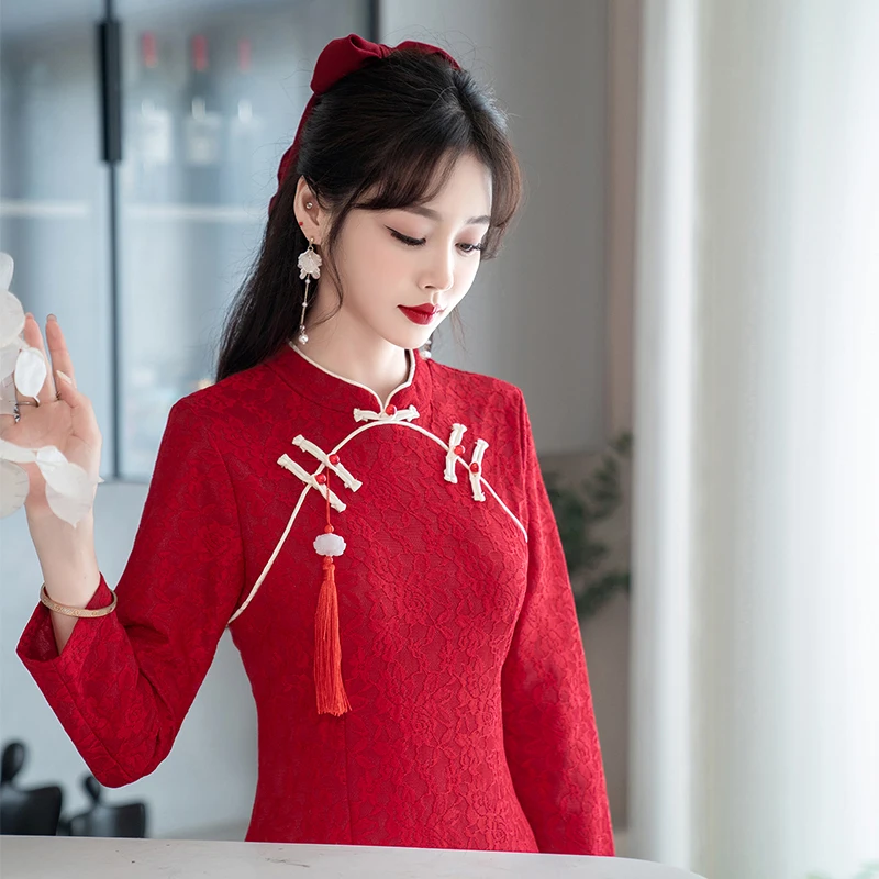 Stage Performance Improved Modern Red Cheongsam Retro Long Sleeve Chinese Traditional Qipao Party Dress CNY