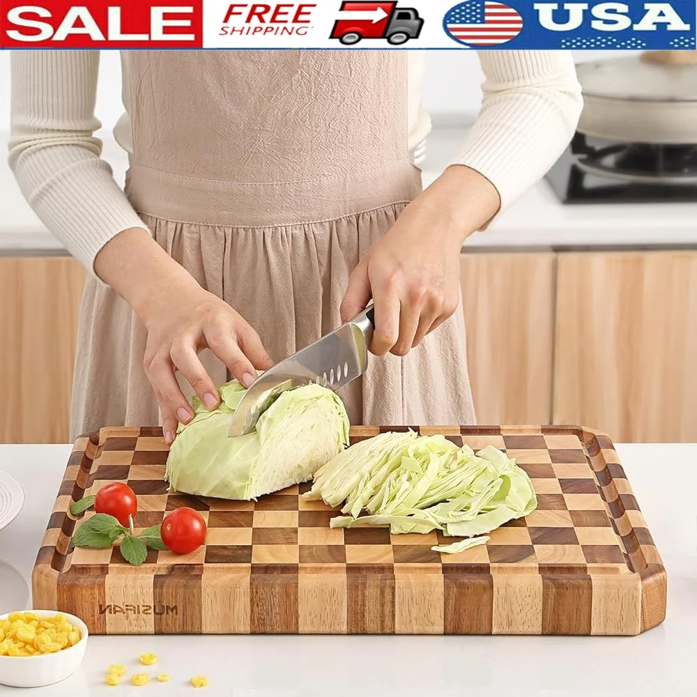 

Acacia Wood Cutting Board Large Durable Meat Cheese Vegetable Chopping Board Kitchen Juice Groove Stain Resistant Easy Clean