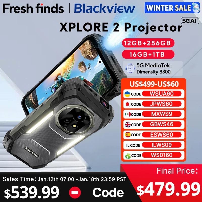 New Blackview XPLORE 2 Projector 5G AI Rugged Phone 6.73” 3.2K AMOLED Display 20000mAh 120W Charger Dimensity 8300 Cellphone