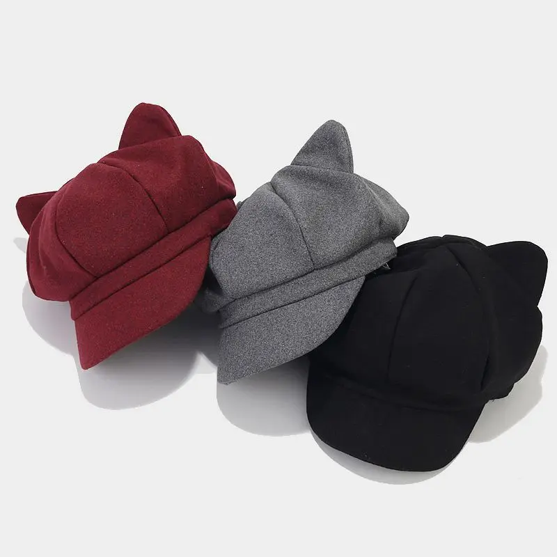 Winter New Cat Ear Beret Hat Women Plain English Retro Wool Felt Baker Boy Cap for Women Cute Octagonal Newsboy Cap