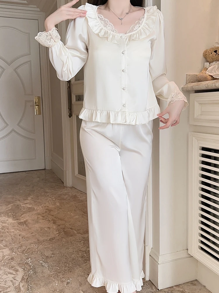 

Women's 3-Piece Sleepwear Set Ice Silk Deep V Neck Padded Strap Long Pants Robe Outerwear Comfortable Private Home ClothesXK5268
