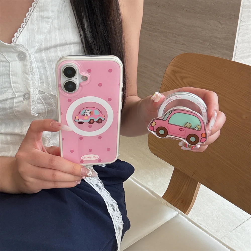 

INS Fashion Polka Dot Cute Kitten Magnetic Holder for iPhone 13 14 15 16 Pro Max Cover Shake Stand Kawaii New Phone Case For 16