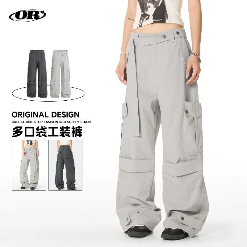 

OR FL American Retro 100 Cotton Women Wind Paratrooper Cargo Trousers Relax and Tighten Waist Staraight Slacks Wide Leg Pants
