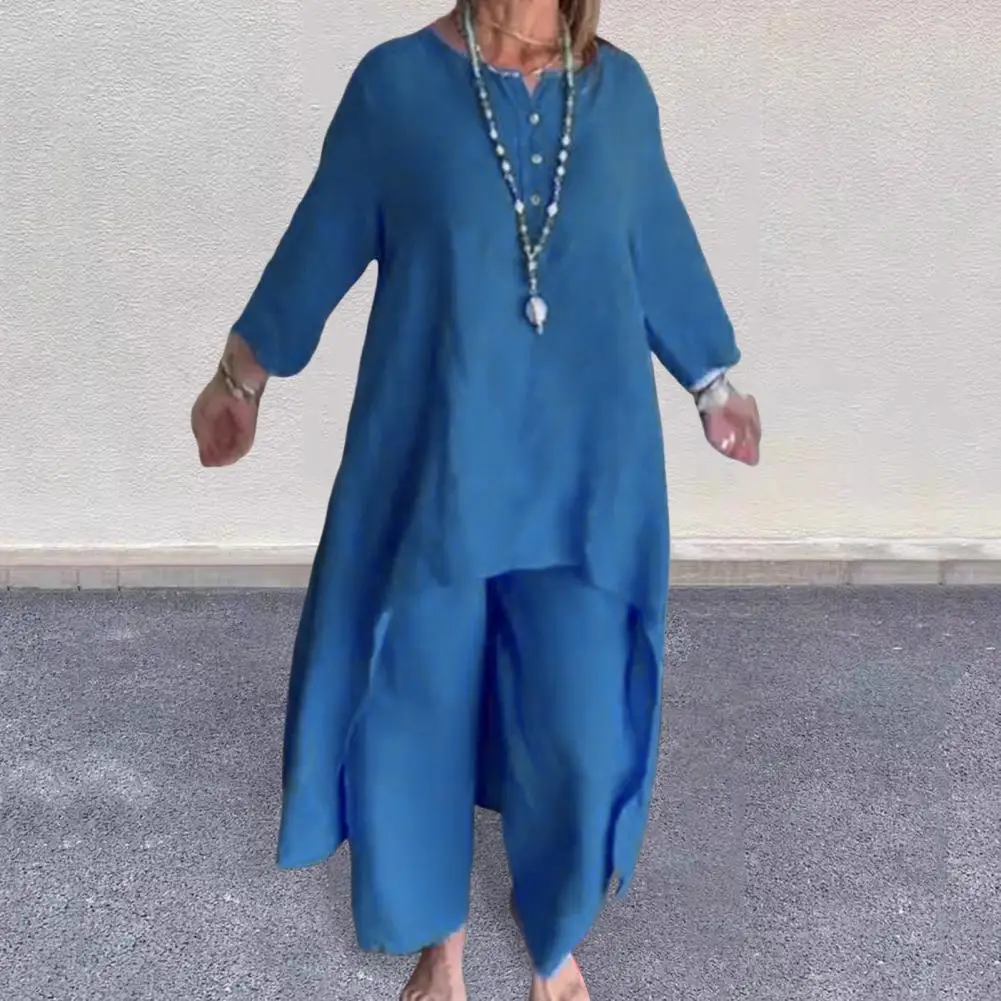 قميص نسائي كتان كاجوال وبنطال ساق واسعة ، بلوزة بأكمام طويلة ، بنطلون تنحنح غير منتظم ، ملابس الموضة ، طقم بدلات 2