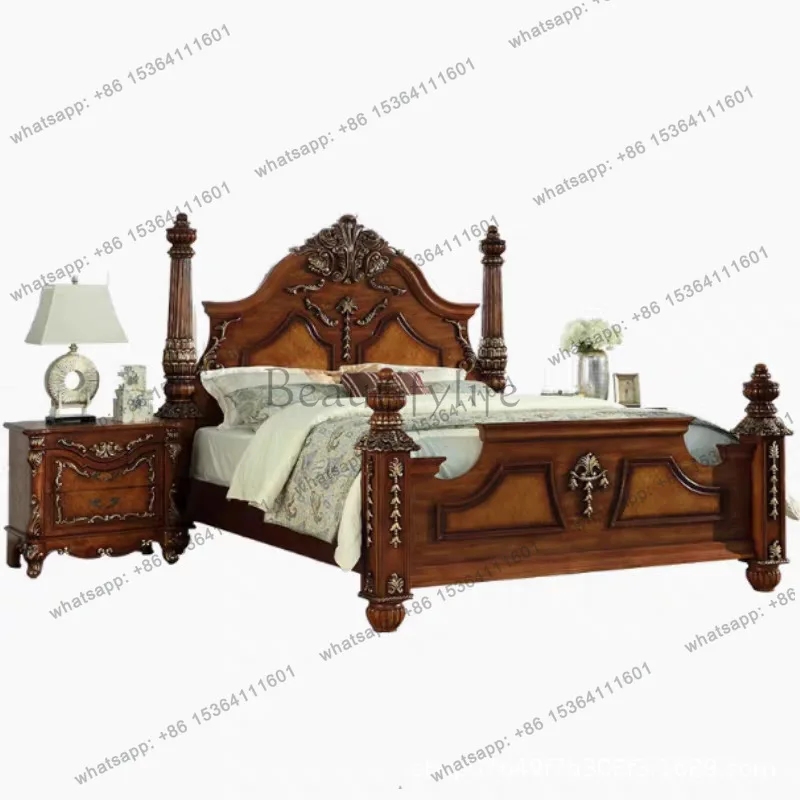 American solid wood carving flower 1.8 meters master bedroom Roman column double bed high-grade retro log bed