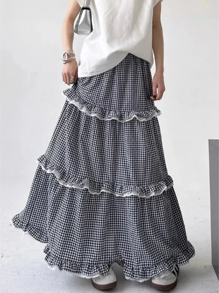 

Винтажная милая кружевная клетчатая юбка с рюшами для женщин, новинка 2023 года, юбки с высокой талией, весна-осень, свободные средней длины Faldas Mujer