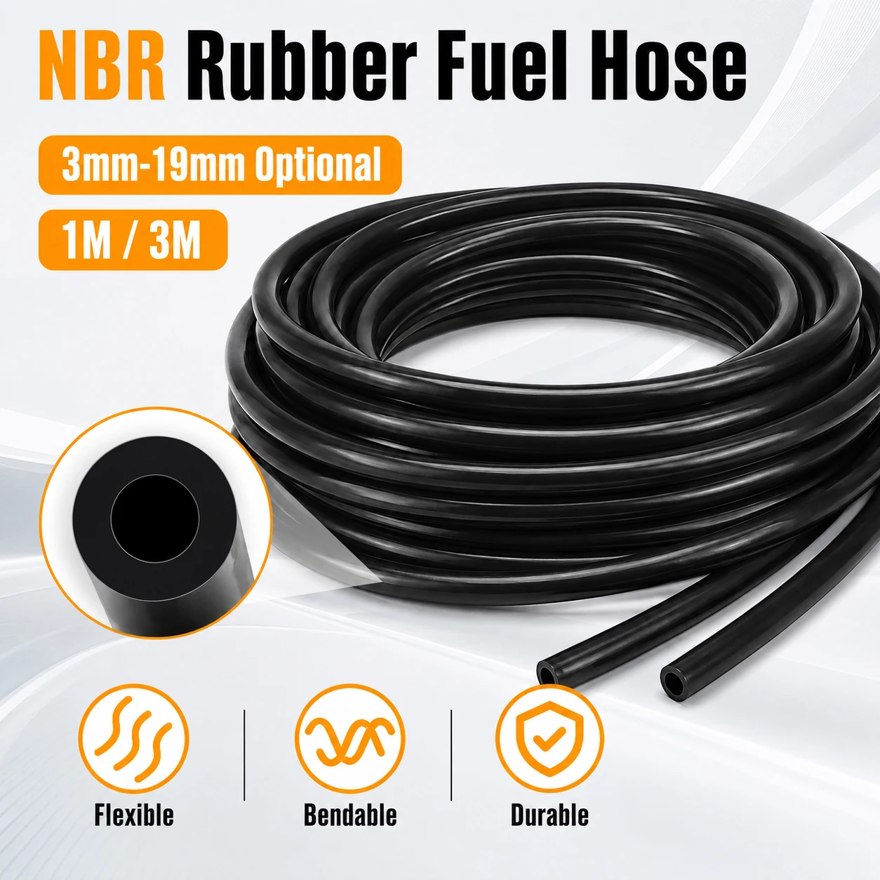 3/1M Black Smooth Nitrile Rubber Hose 3-19mm, Oil Resistant Petrol Diesels Fuel Line for Carburetor, Auto Motorcycle