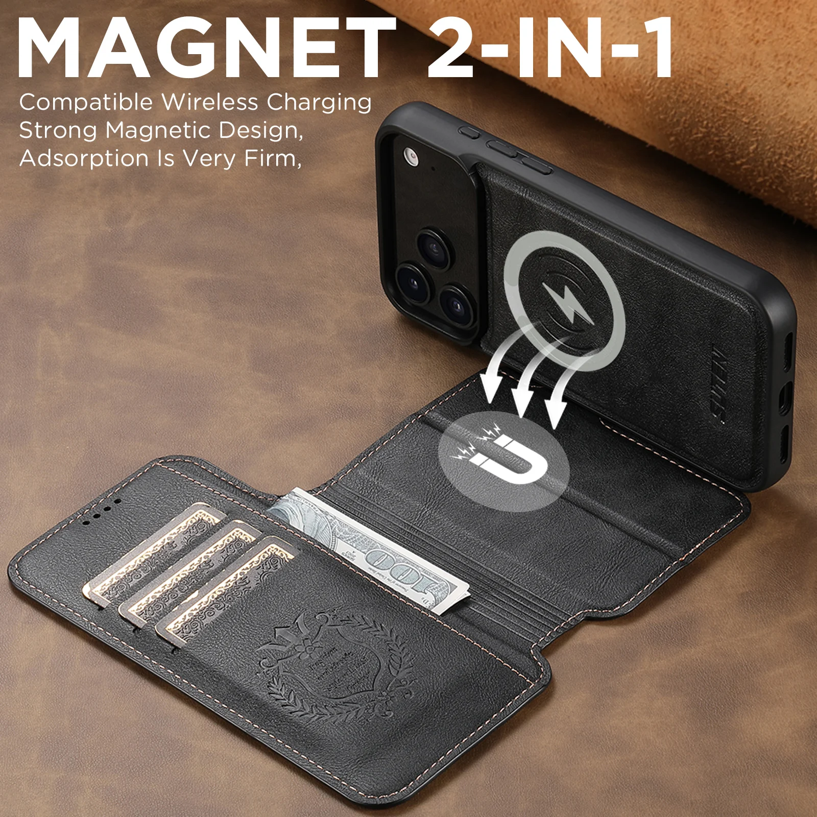 SUTENI Kunstleder Kabelloses Ladegerät Kartenhalter Ständer Brieftasche Magnetische Klapphülle Handyhülle für iPhone 18 Pro Max 17 16 15 14 – Detail 20