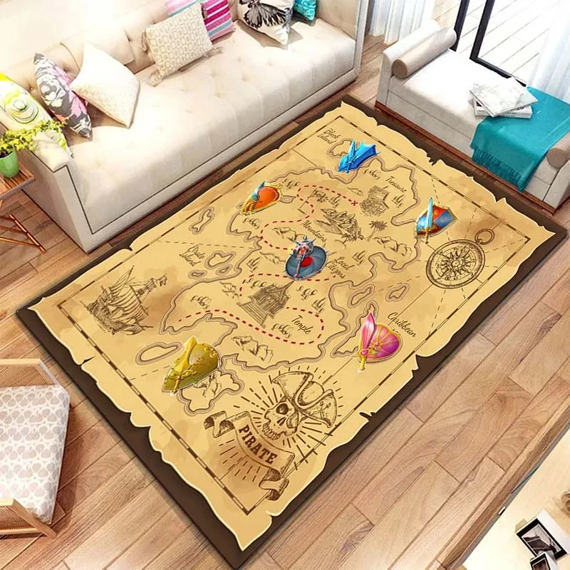 Antique Pirate Treasure Map Carpet Rug for Kids Bedroom Play Mat Living Room Bathroom Rug Home Decor Children's Crawling Mat