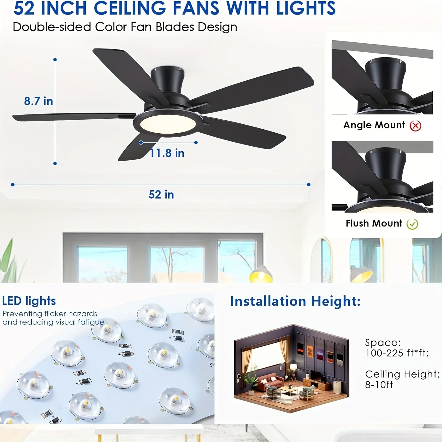 52-Inch Modern Ceiling Fan with RGB LED Lighting, Silent Reversible Motor, Adjustable Brightness & Color Modes, Sleek Black Finish, Indoor/Outdoor Rated – Stylish, Energy-Efficient, and Easy to Install view 6