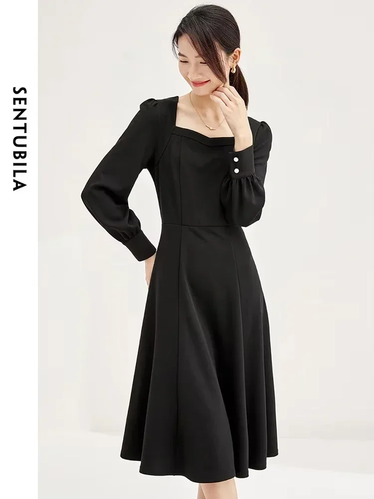

SENTUBILA Square Collar Elegant Dress For Women 2025 Spring Summer Fashion Ladies Long Sleeve Flared Midi Black Dress 133L51336