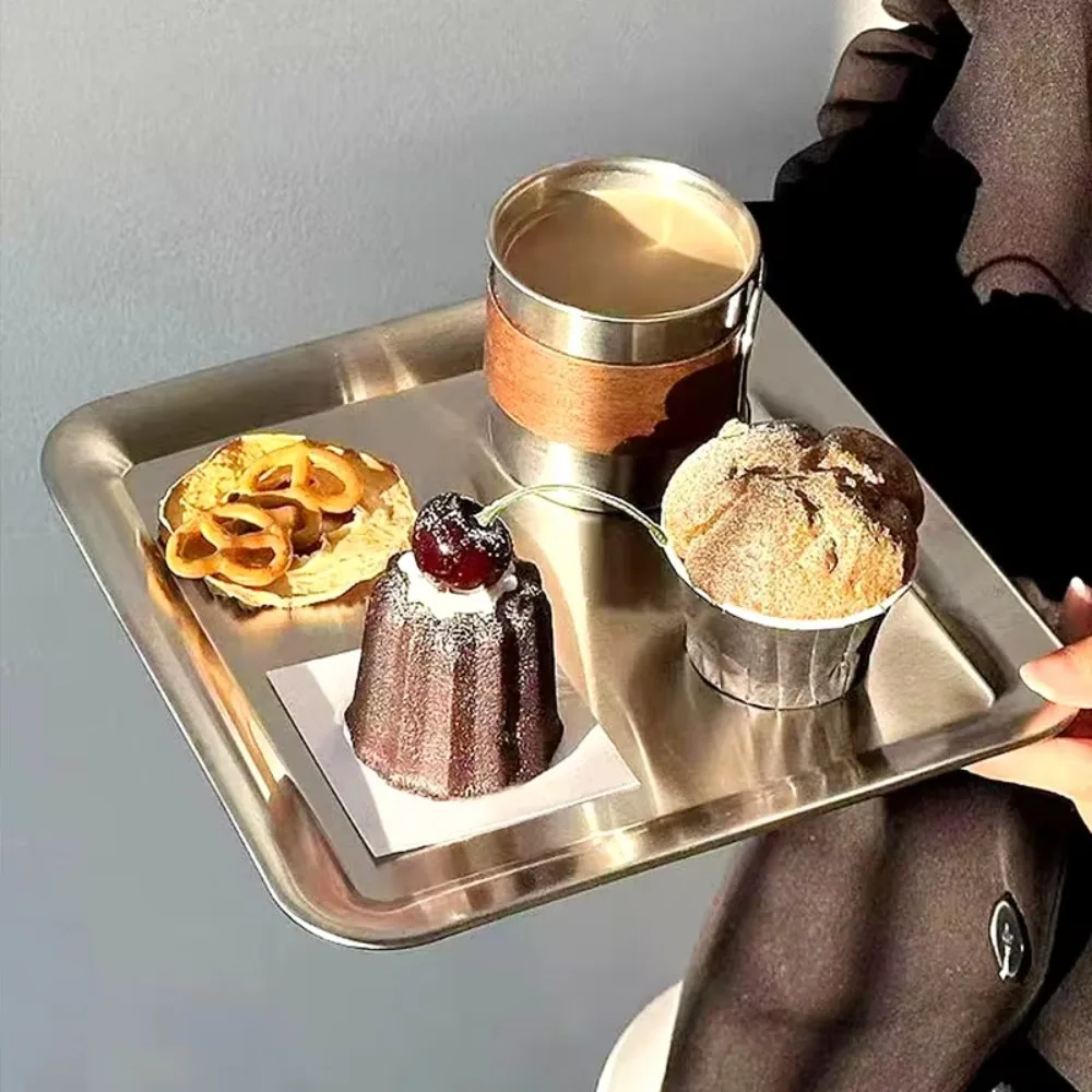 

2PCS/SET Flat Design Stainless Steel Tray Rustproof Wear-resistant Shallow Tray Thickened Square Snack Dish Food Serving