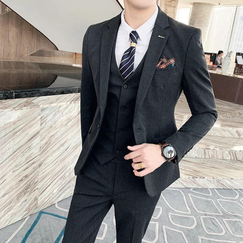 S-7XL ( Blazer + Vest + Pants ) Brand Men\'s Formal Business Suit Three-piece Set Groom Wedding Party Dress Solid Color Plaid