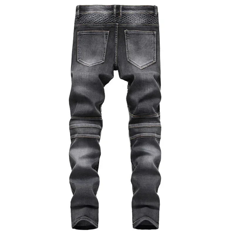 Autumn Men\'s Patchwork Vintage Biker Jeans Hip Hop Trousers Slim Straight Elastic Cycling Denim Pants Male Fashion Streetwear