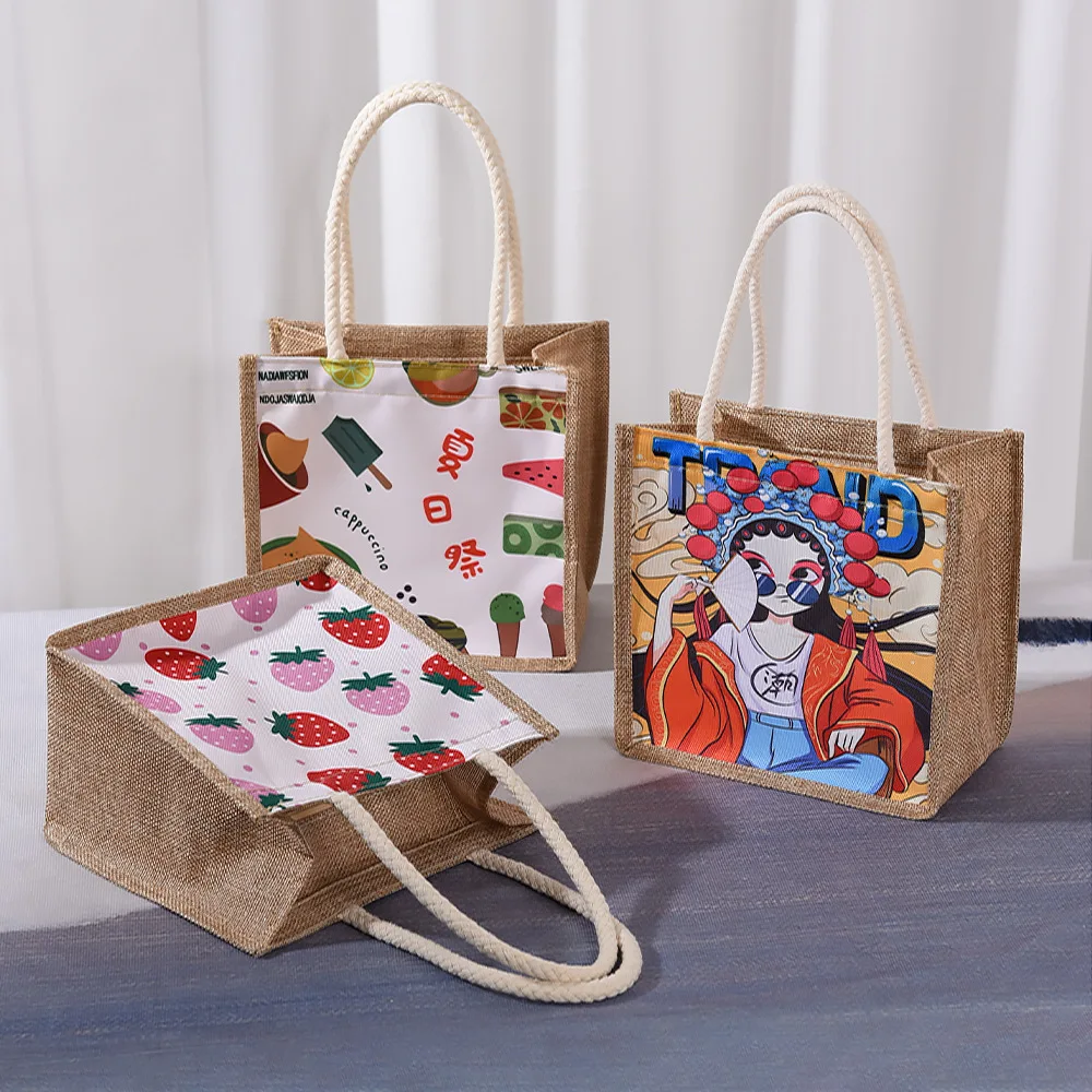 

Japanese-Style Canvas and Hemp Patchwork Cartoon Print Women's Handbag Portable Large Capacity Shopping Tote Cute Lunch Bag with