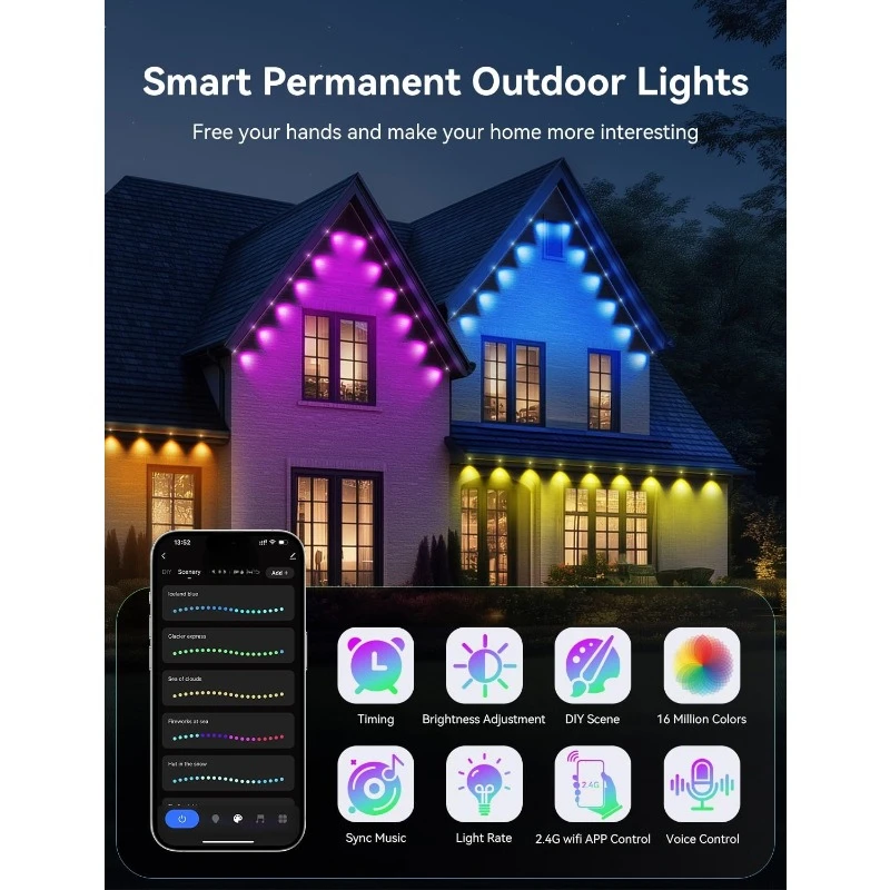 Permanent Outdoor Lights, Smart RGB Outdoor Christmas Eaves Lights for House with App Control Remote 300ft with 216 LED Lights