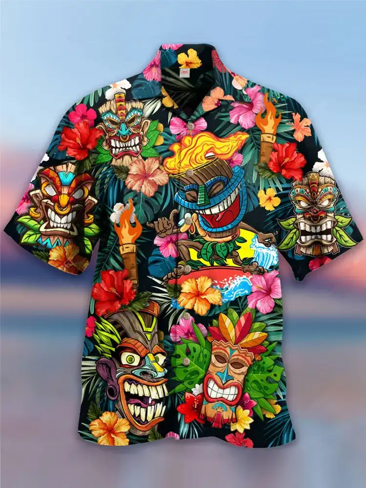 Men's Tribal Exquisite Print Shirts Vintage Pattern Hawaiian Shirt Beach Party Short Sleeve Shirts Men's Fashion Casual Shirts