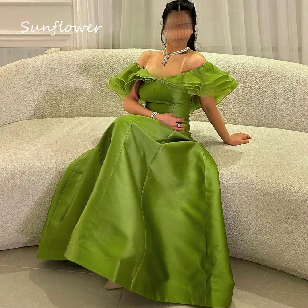 

Sunflower Green V-Neck Satin A-LINE 2024 Slim Backless Cap Sleeve Ocassion Gown Floor-Length Formal Evening Dress