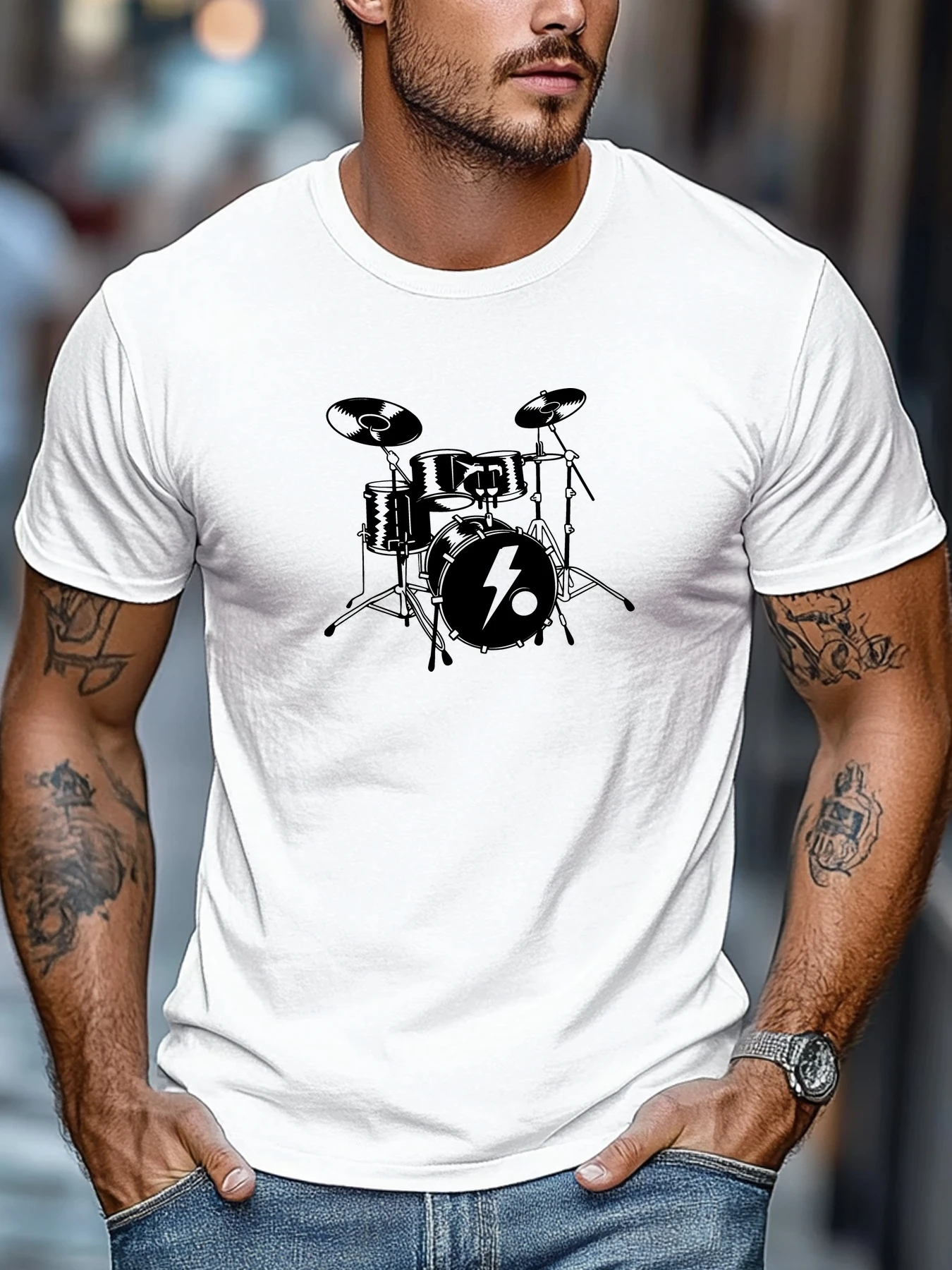 Men White Crew Neck Tee Black Lightning Bolt Full Drum Kit Silhouette Rock Band Drummer Musician Soft Cotton Male Casual Tops