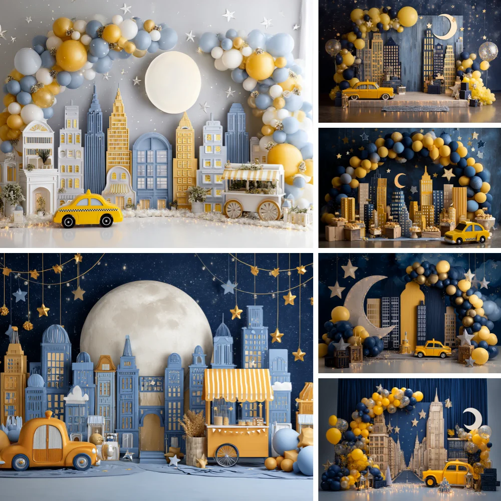 

City Buildings Backdrop Moon Stars Baby Shower Kids Birthday Party Decoration Photography Background Photo Studio Props