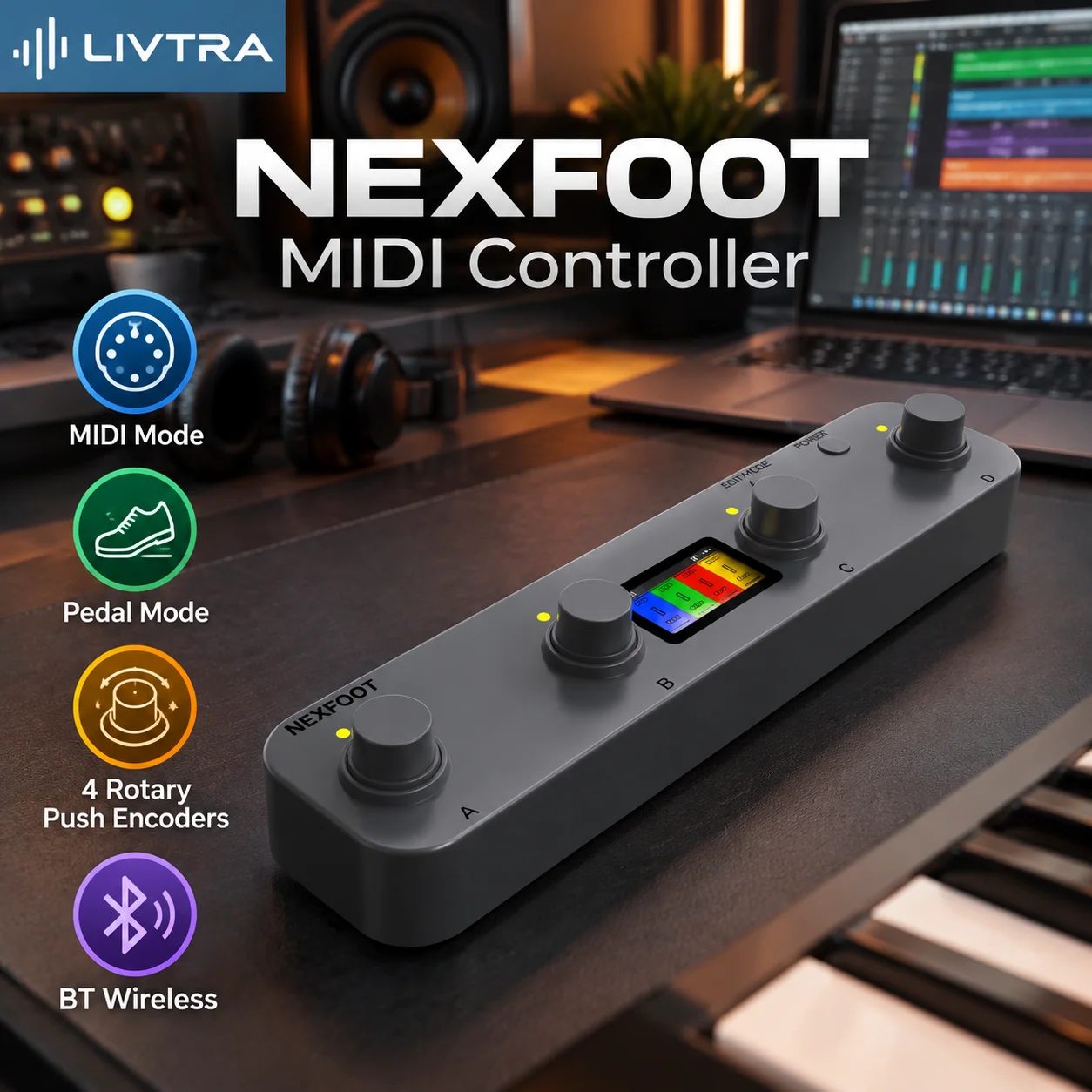 NEXFOOT Dual Mode MIDI Control Surface 4 Rotary Encoders 1.47in TFT Color Display BT USB-C HOST 3.5mm TRS MIDI Out EXP Pedal