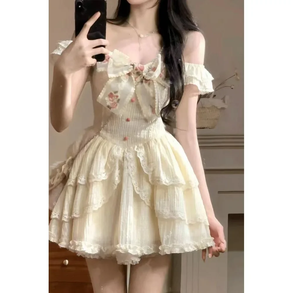 Princess Style Mini Skirt Dress Lace Splicing Heavy Work Short Sleeve Waist Cinching Slimming Young-looking Summer Dress
