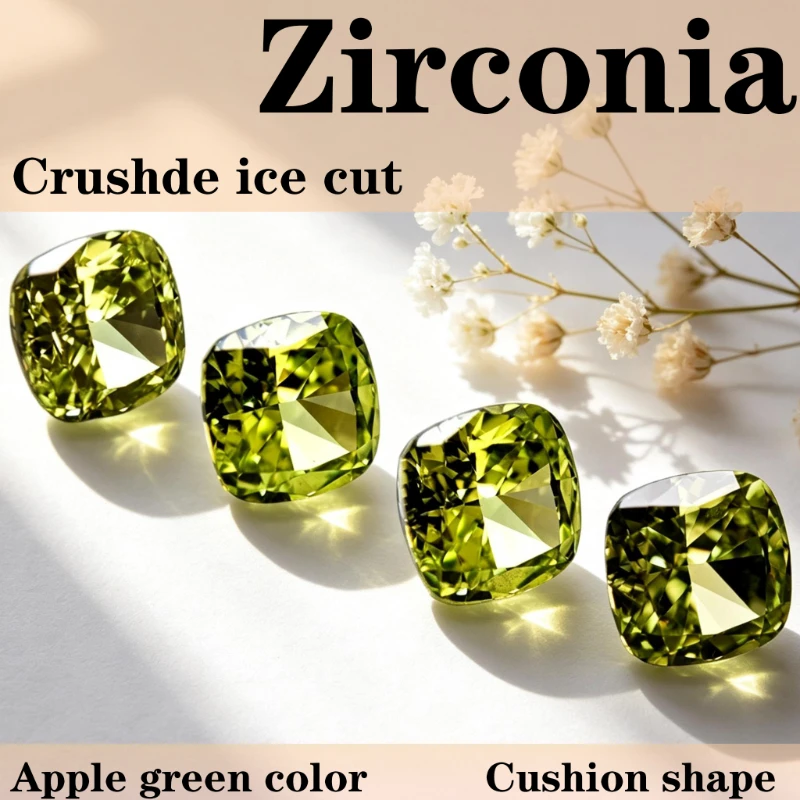 Zirkonia Crushed Ice Cut Quadratische Kissenform Apfelgrüne Farbe 5A+ Qualität CZ 4K-Schliff Hochkarbon-Diamant – Detail 1