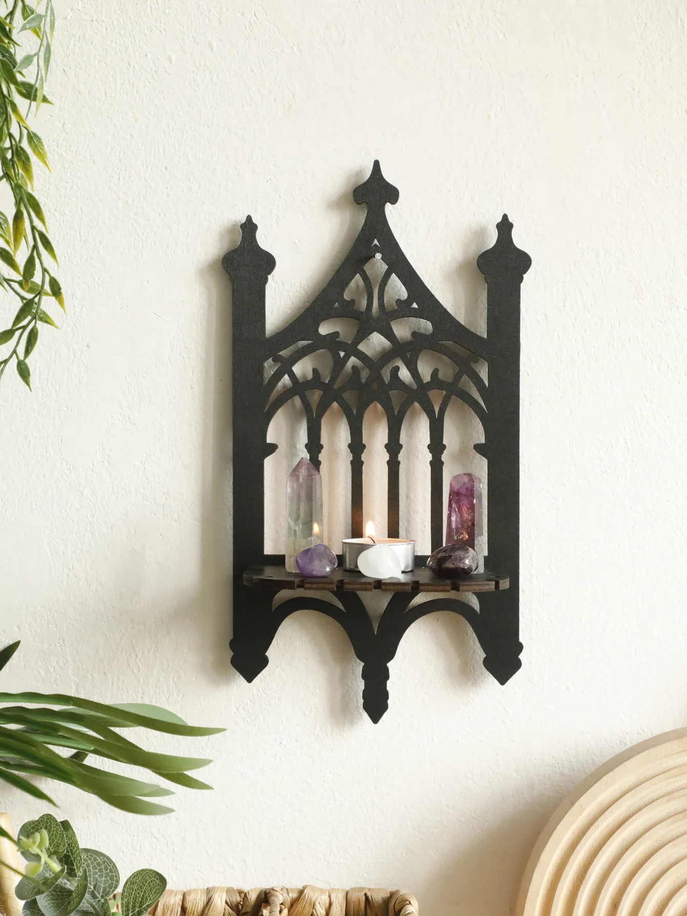 Black Gothic Wooden Shelf Hollow Vintage Fence shape Wall Hanging Decor Floating Shelves Crystal Holder Room Decor Wall Decor
