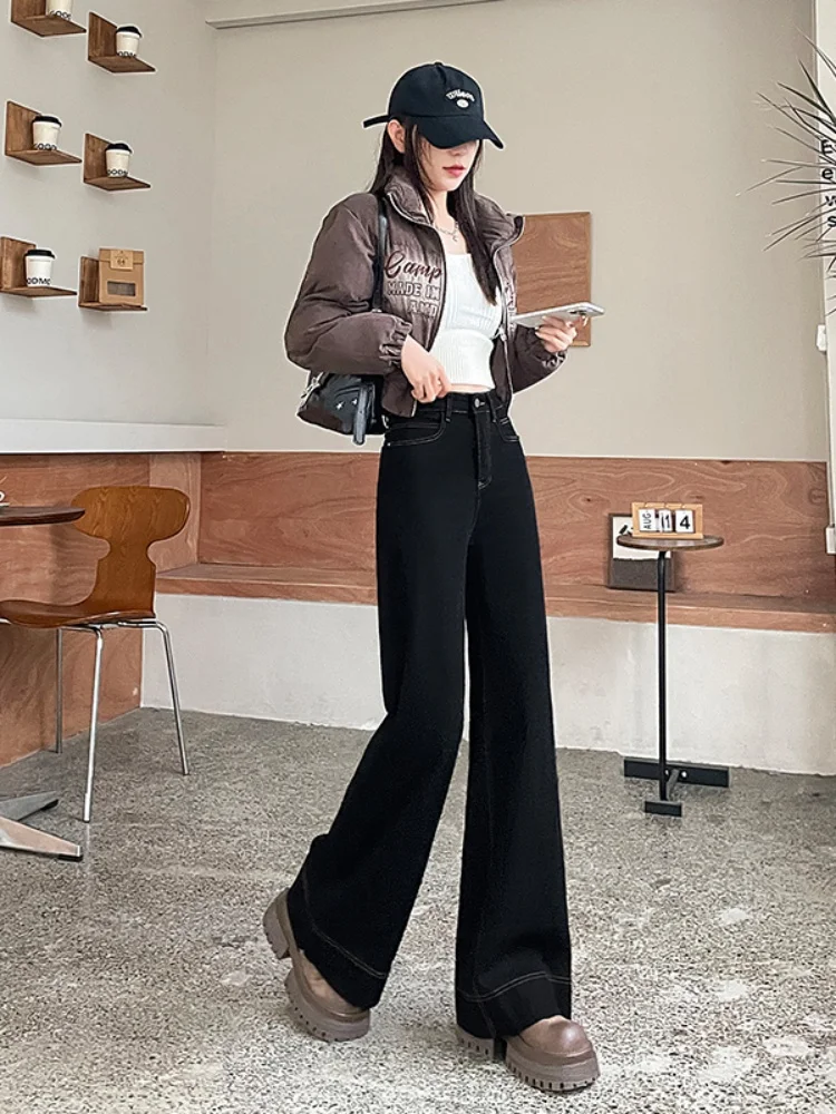 Bla Fce Lined Thi Denim Jeans Women's Autumn Winter High Waist Straight Leg Loose Micro Flared Pants Casual Sle