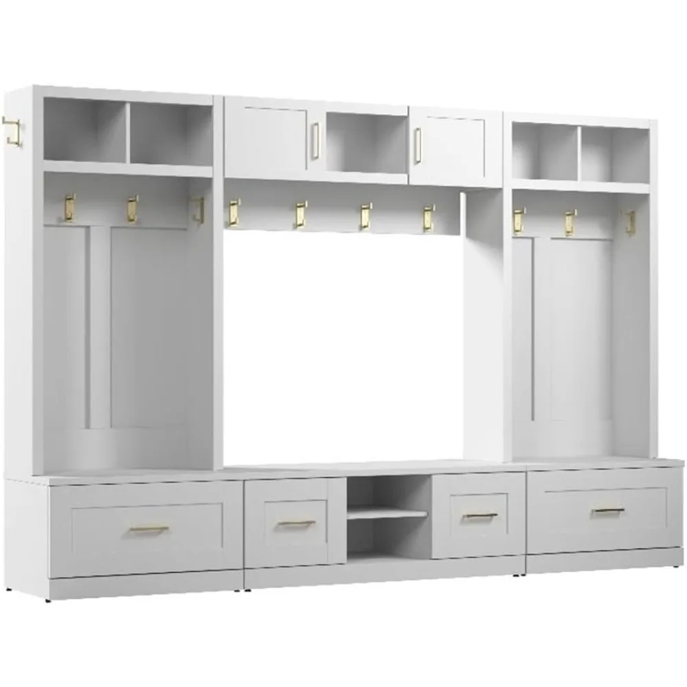 

Hampton Heights Full Entryway Storage Set with Coat Rack, Hall Trees, and Shoe Benches with Doors and Drawers in White