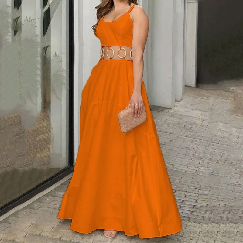 

Casual Women Dresses Solid Color Leaky Waist Ring Beach Dress Sexy Party Spaghetti Strap A-line Elegant Dresses for Women